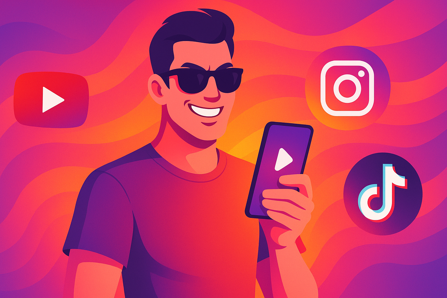 Stylish content creator with sunglasses browsing social media clips on smartphone, surrounded by YouTube, Instagram and TikTok icons