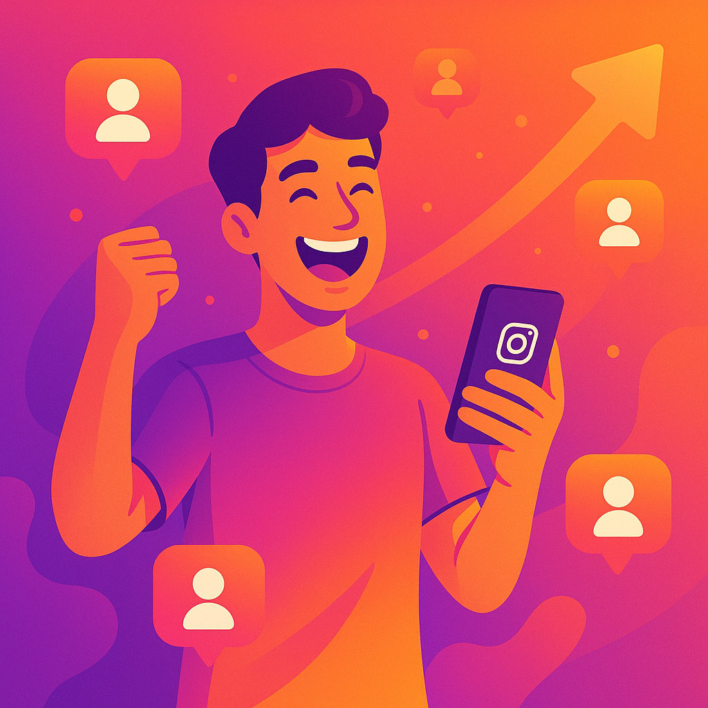 Excited influencer celebrating social media growth with follower icons and upward trend
